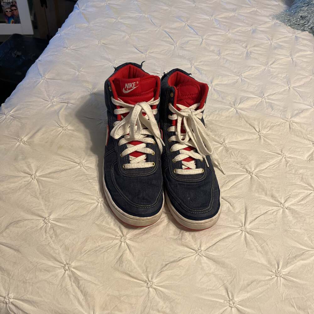 Nike Vandal High Top Blue Jean & Red Shoes